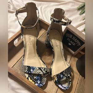 Lulus Women's Snakeskin Heels - Blue and Yellow